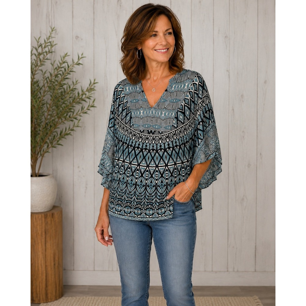 Tolani Blue Geometric Print 100% Silk V-Neck Flutter Sleeve Tunic Top M Eclectic